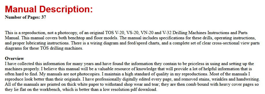 TOS V20 VS20 VN20 VS32 Drilling Machines Owner Parts Manual 1457