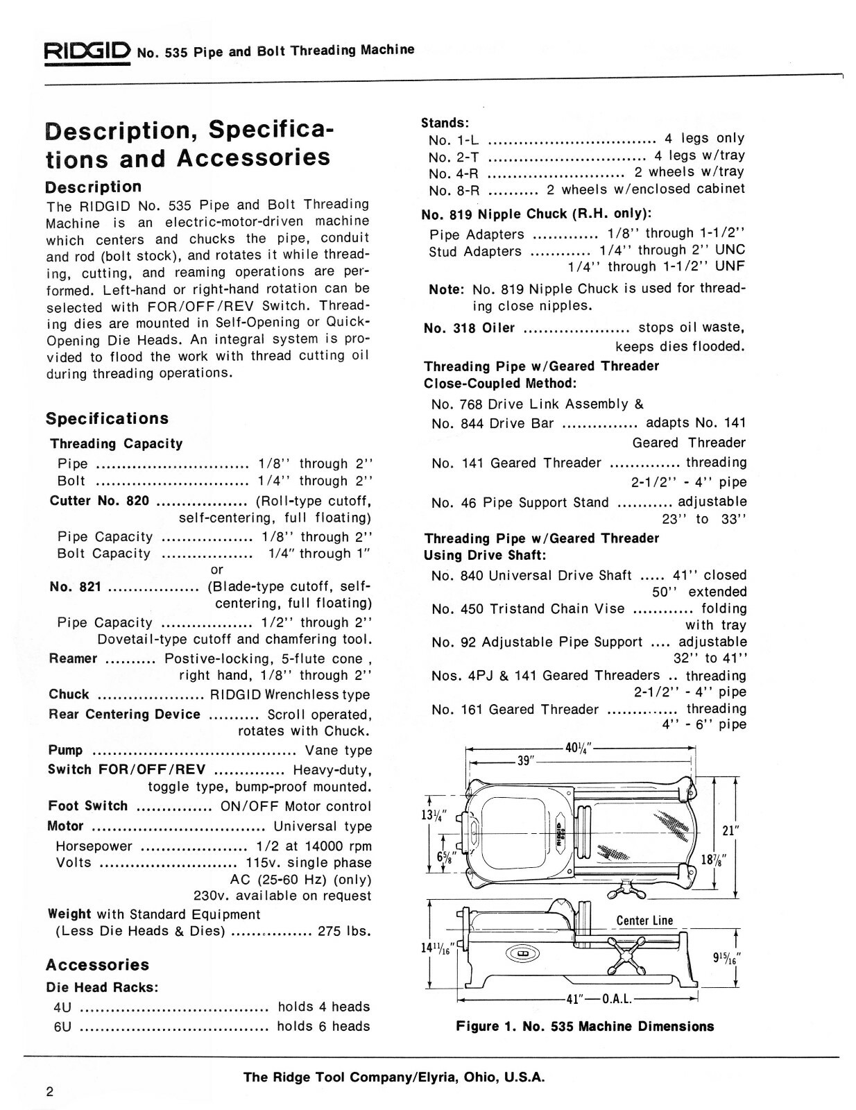 Rigid Model 535 Pipe & Bolt Threading Machine Operator & Parts List Manual #1826