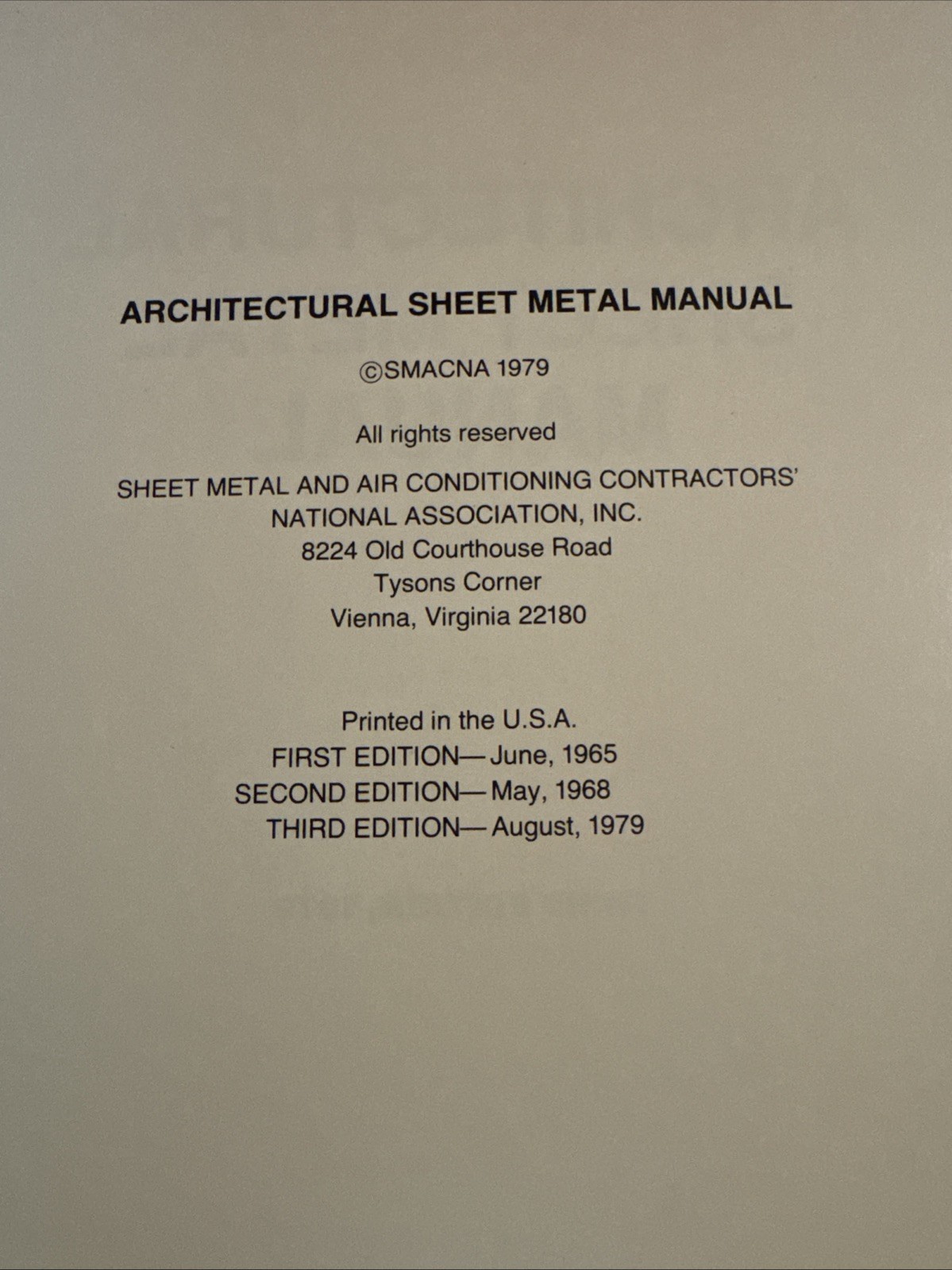Vintage SMACNA Architectural Sheet Metal Manual 3rd Edition 1979 Preowned