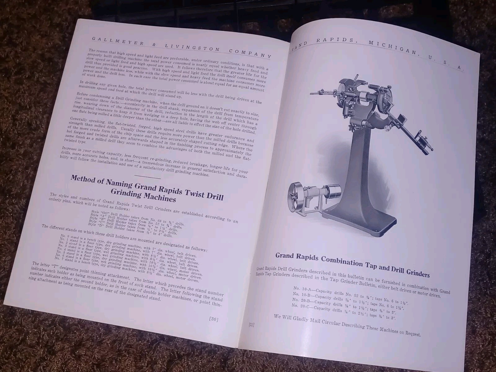 GALLMEYER & LIVINGSTON GRAND RAPIDS Michigan Tool DRILL GRINDERS Catalog Book !