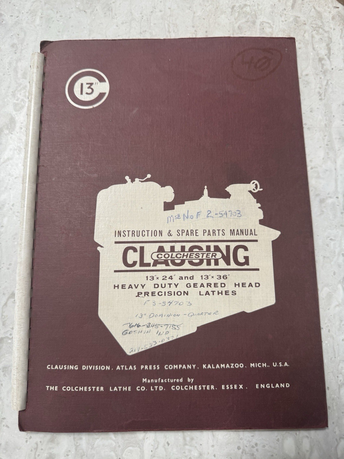 Clausing Colchester Heavy Duty Geared Head Precision Lathes Master Manual