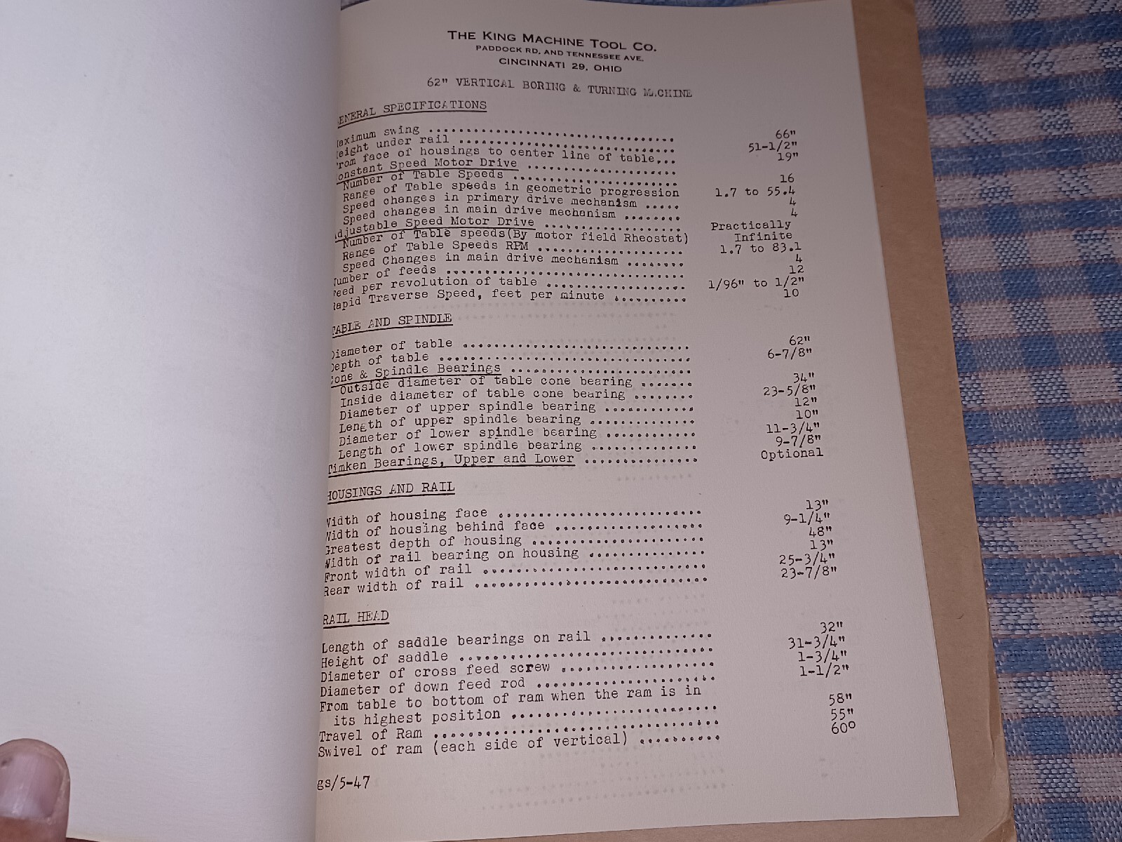 THE KING MACHINE TOOL COMPANY VERTICAL BORING TURNING MACHIBES catalog 1947 Book