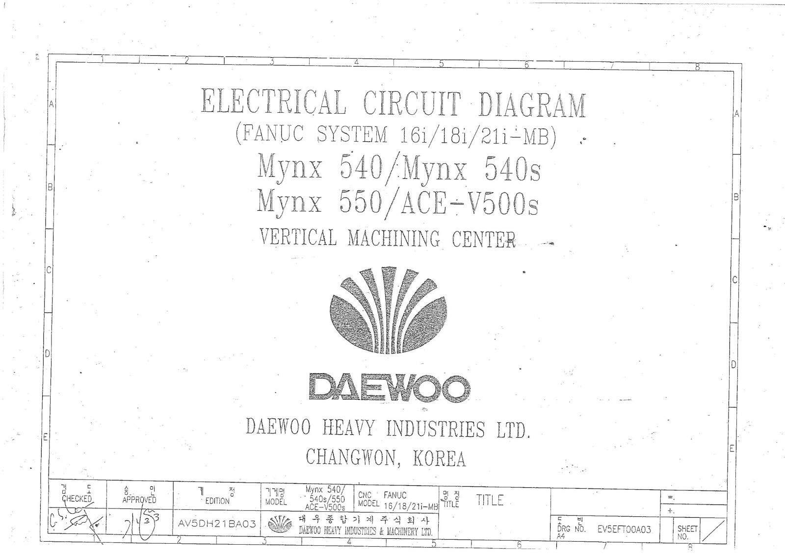Daewoo Mynx 540/540s/550 / ACE-V500s VMC Electrical Circuit & Ladder Diagram