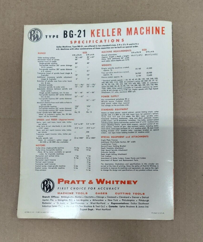Pratt & Whitney BG-21 Keller Machine Brochure Catalog Industrial Metal Working
