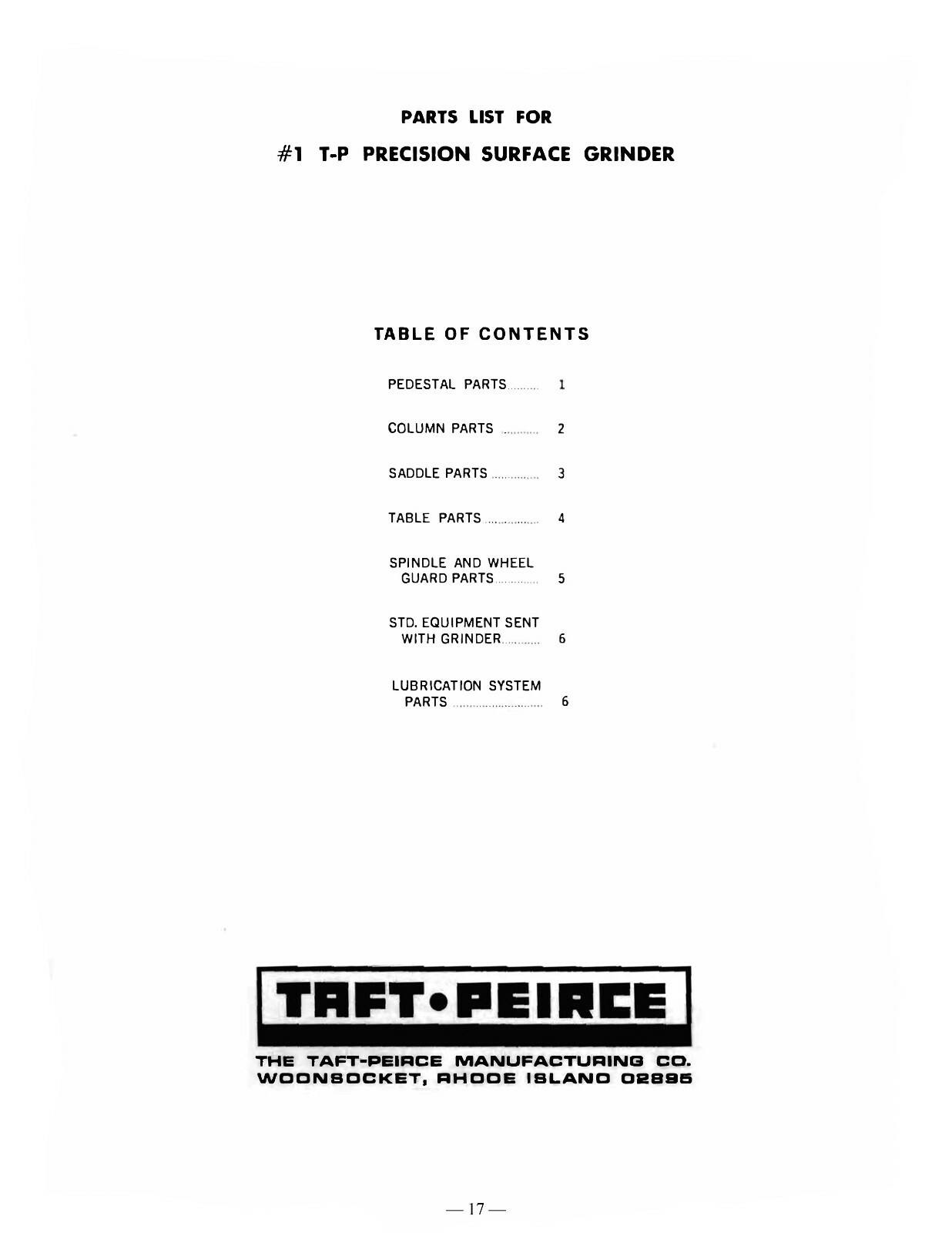 Taft Peirce #1 Surface Grinder Installation, Instruction, & Parts Manual #2143
