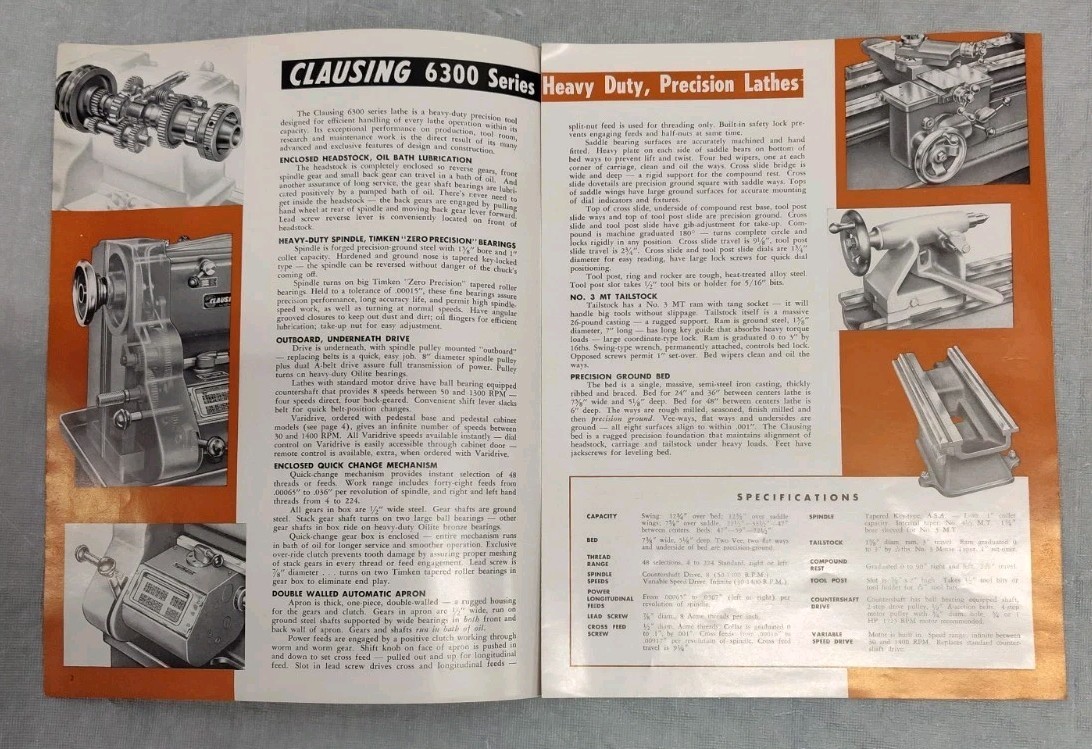 Clausing 12″ 6300 Series Lathe Machine Brochure Vtg Kalamazoo MI Atlas Tool Co.