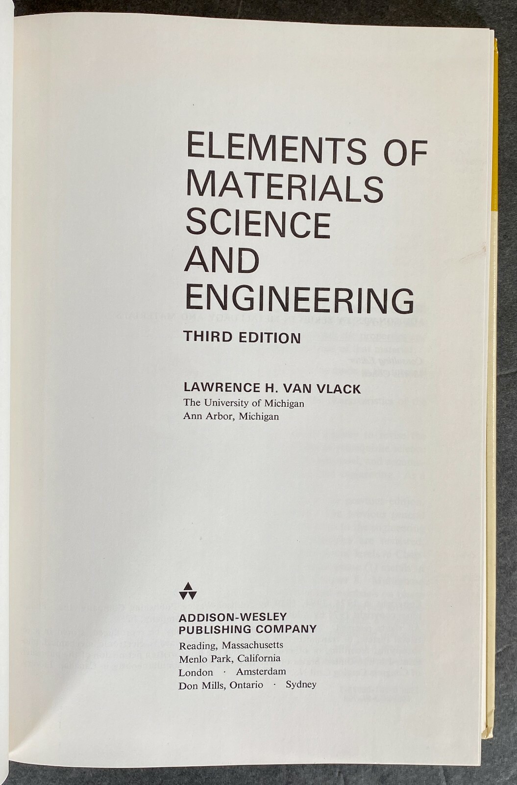 ELEMENTS OF MATERIALS SCIENCE & ENGINEERING (1975, HC, 3rd Edition) Van Vlack