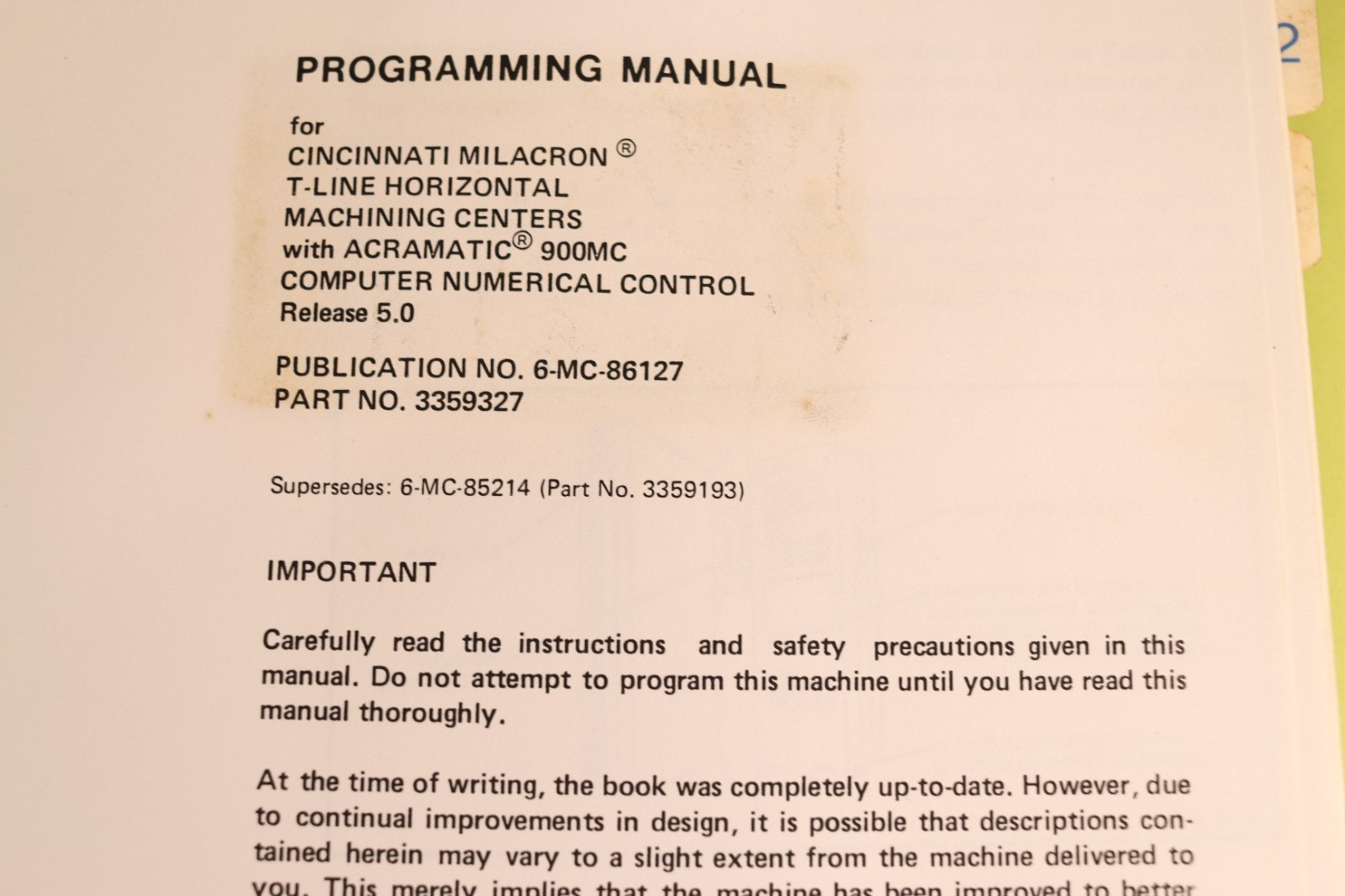 Cincinnati Milacron Acramatic 900 MC Control Programming Manual 1986