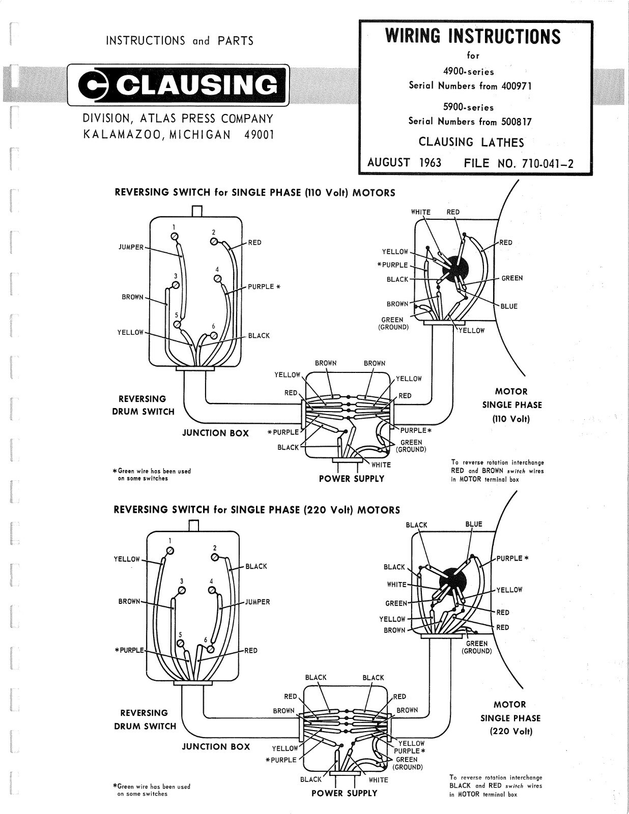 1963 Operator instruction Maint Manual Clausing 12″ inch Lathe 5900 Series
