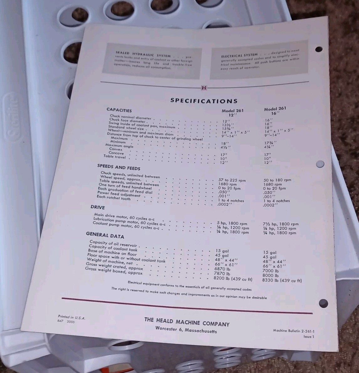 HEALD COMPANY Sales Catalog Bulletin MODEL 261 ROTARY SURFACE GRINDING MACHINE