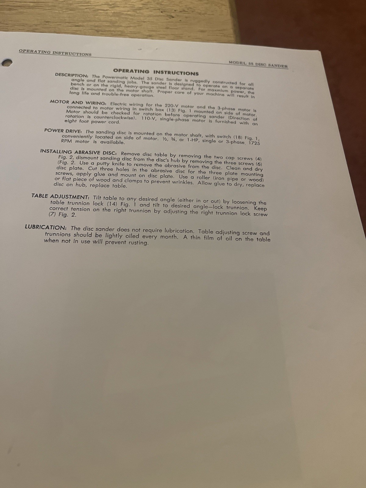 Powermatic Model 35 12″ Disc Sander Operating Instructions & Parts List