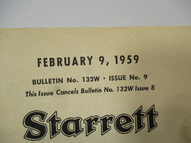 STARRETT Tools (Catalog # 27) Suggested Resale Net Price List from 1959 # 132W