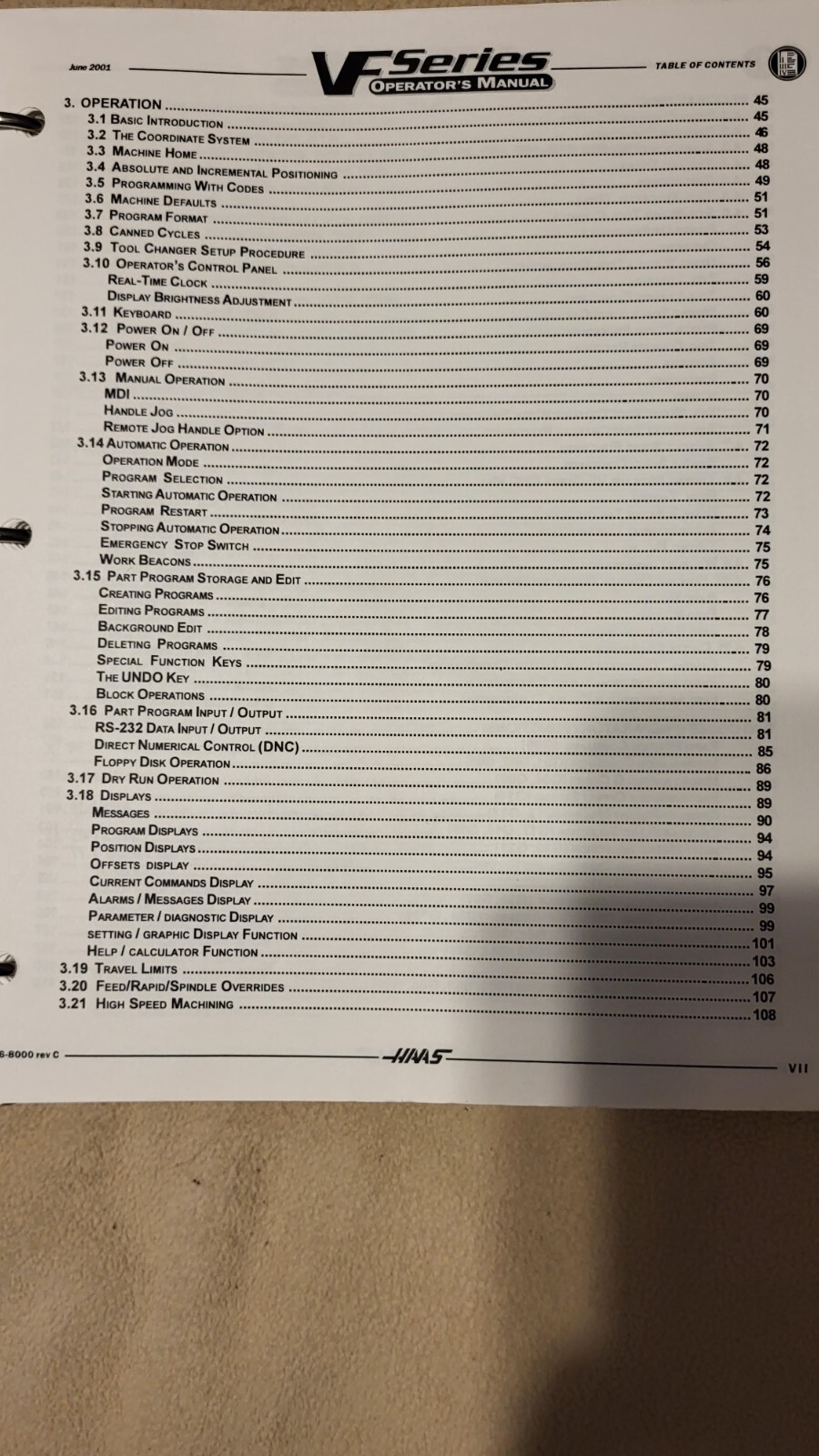 HAAS CNC MILL VF 0 1 2 3 4 5 6 Series Programming Operations Owners Manual Book