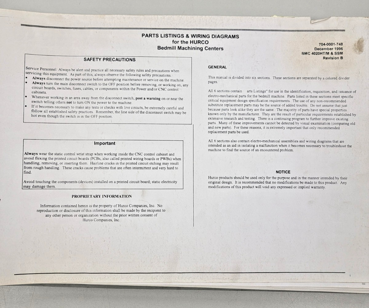 Hurco BMC 4020 Electrical, Mechanical, Pnuematic Schematics Manual. 704-0001-748