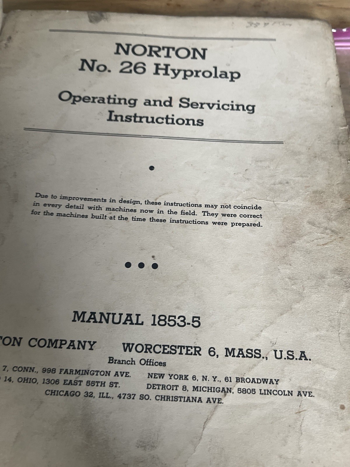 Norton Grinding/ Lapping Machines Lubrication Bulletin W/Manual No. 26 Hyprolap