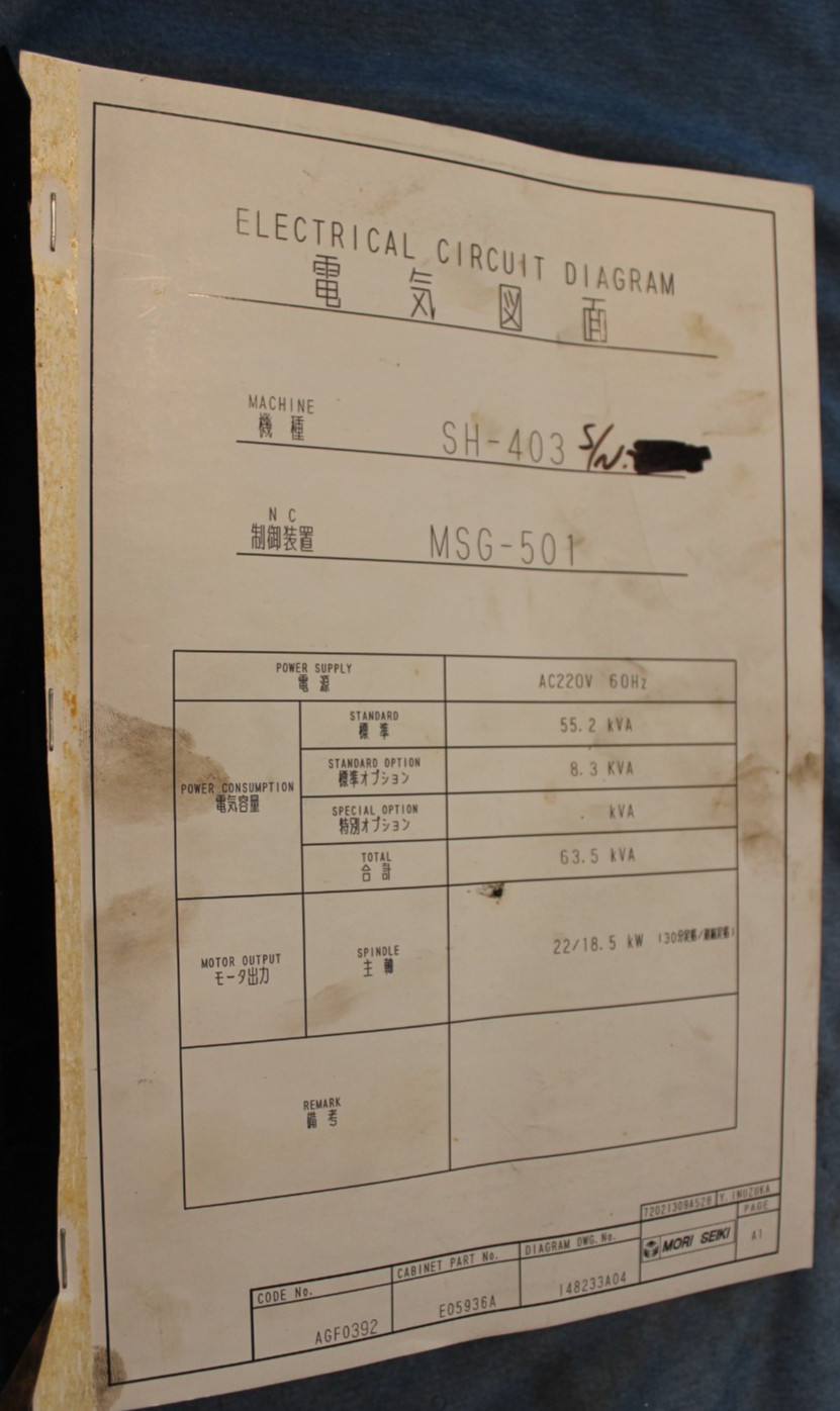 Mori Seiki SH403 MSG-501 Electrical Circuit Diagram 63.5 kVa Machine