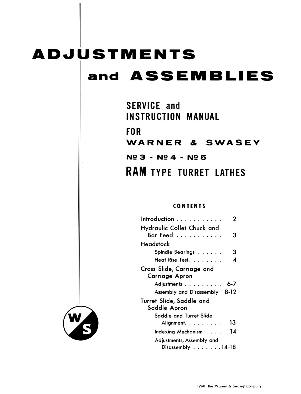 WARNER SWASEY Later No. 3, 4, 5 Turret Lathes Service Instructions Manual 1336
