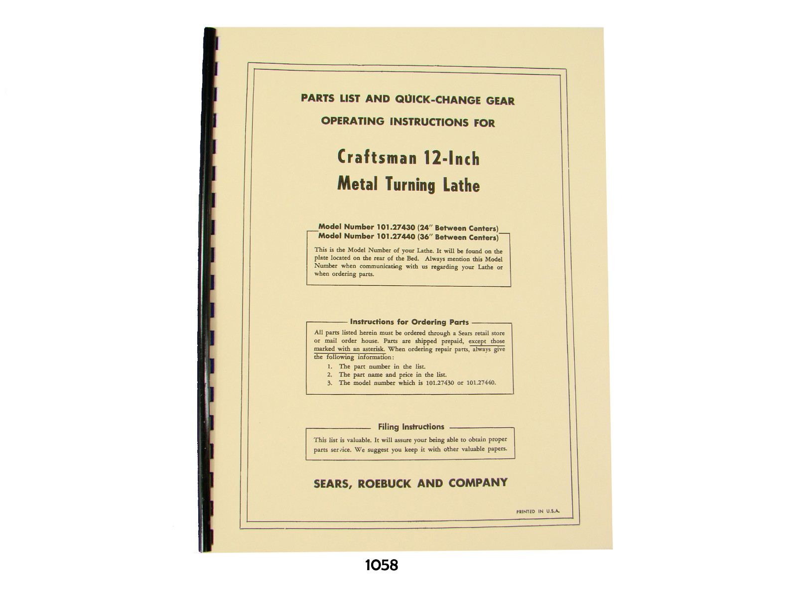 Sears Craftsman 12″ Metal Lathe Parts List 101.27430 & 101.27440 Manual *1058