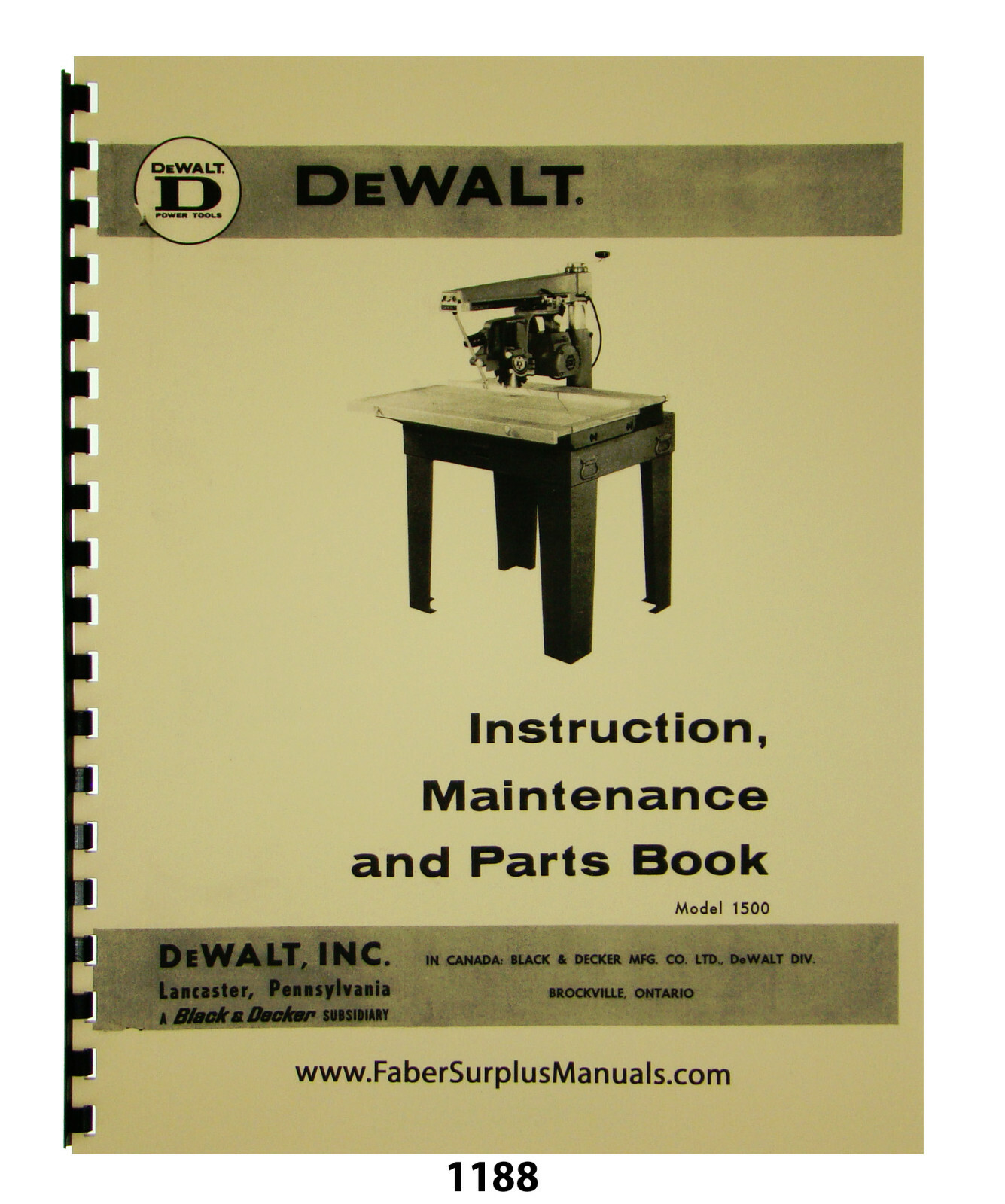 Dewalt Model 1500 Radial Arm Saw Instruction, Maintenance & Parts Manual #1188