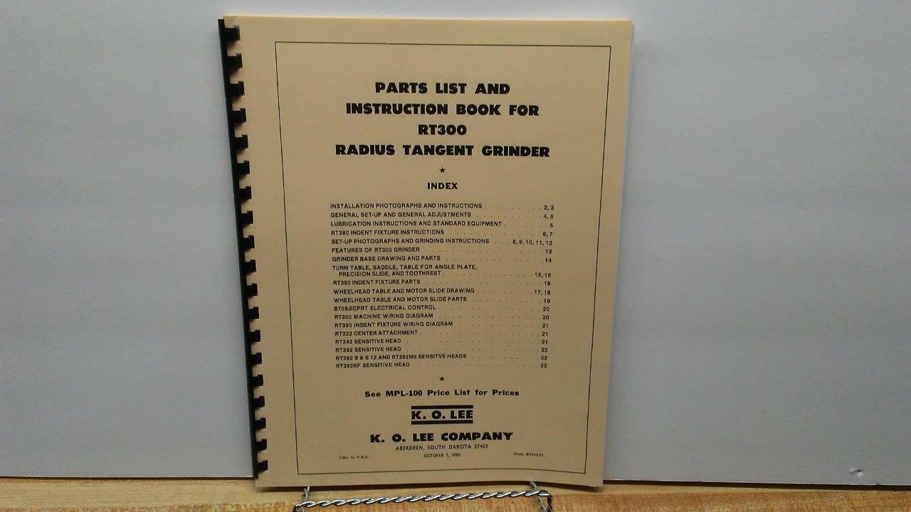 KO Lee RT300 Radius Tangent Grinder Instruction & Parts Manual