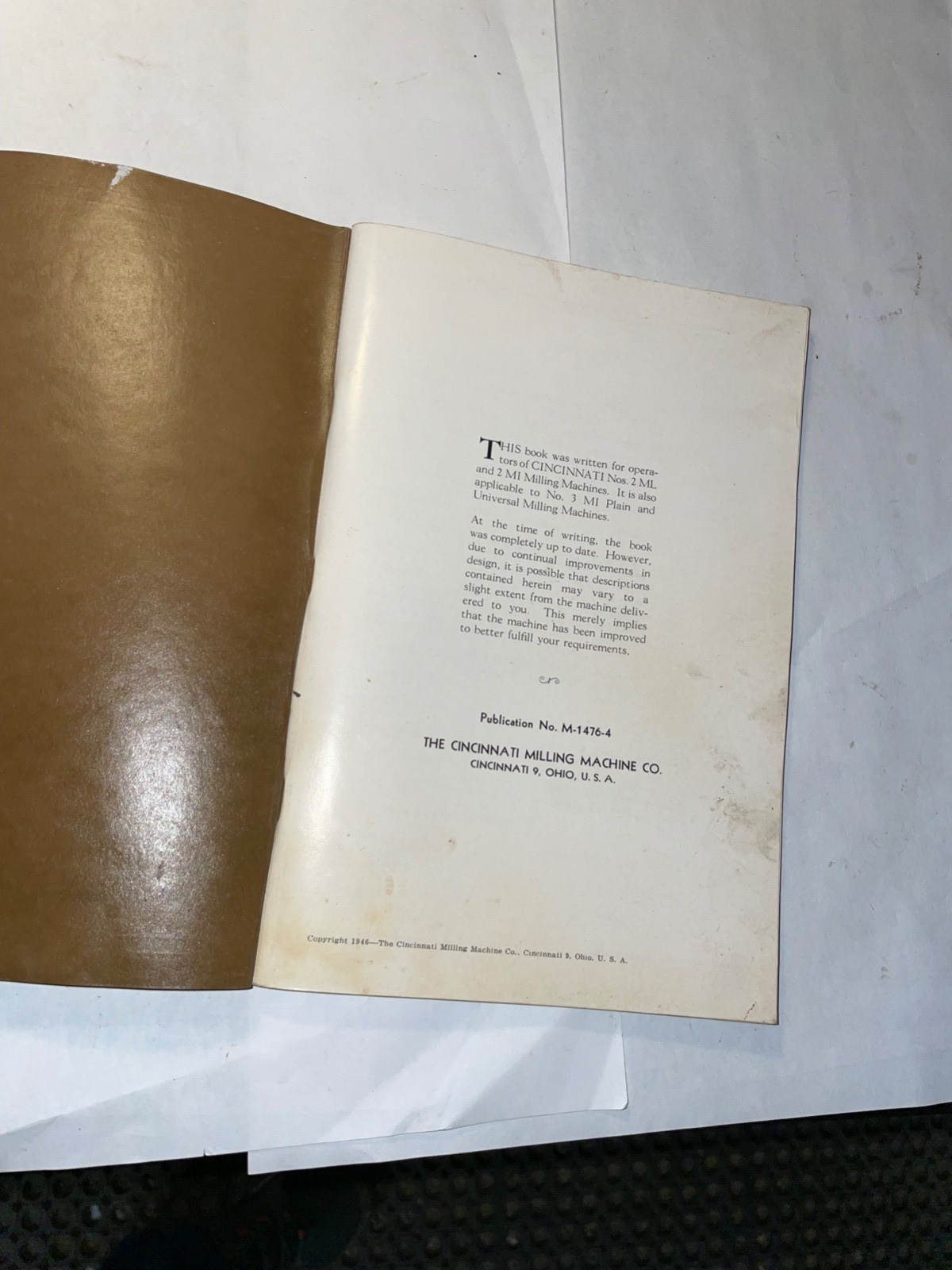 Cincinnati 2ML & 2MI Milling Machines Operator’s Instruction Book