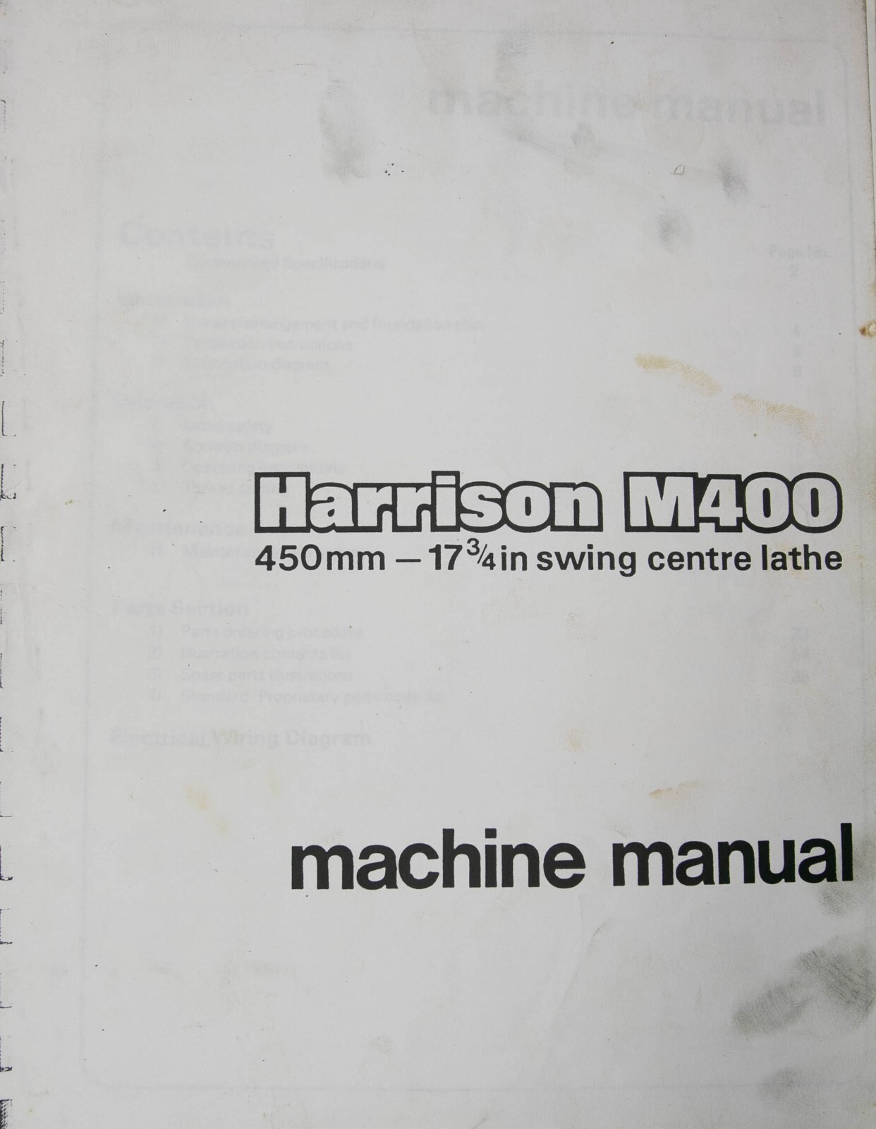 Harrison M450, 450mm 17-3/4 Lathe, Operation Parts & Electrical Manual Year 1977