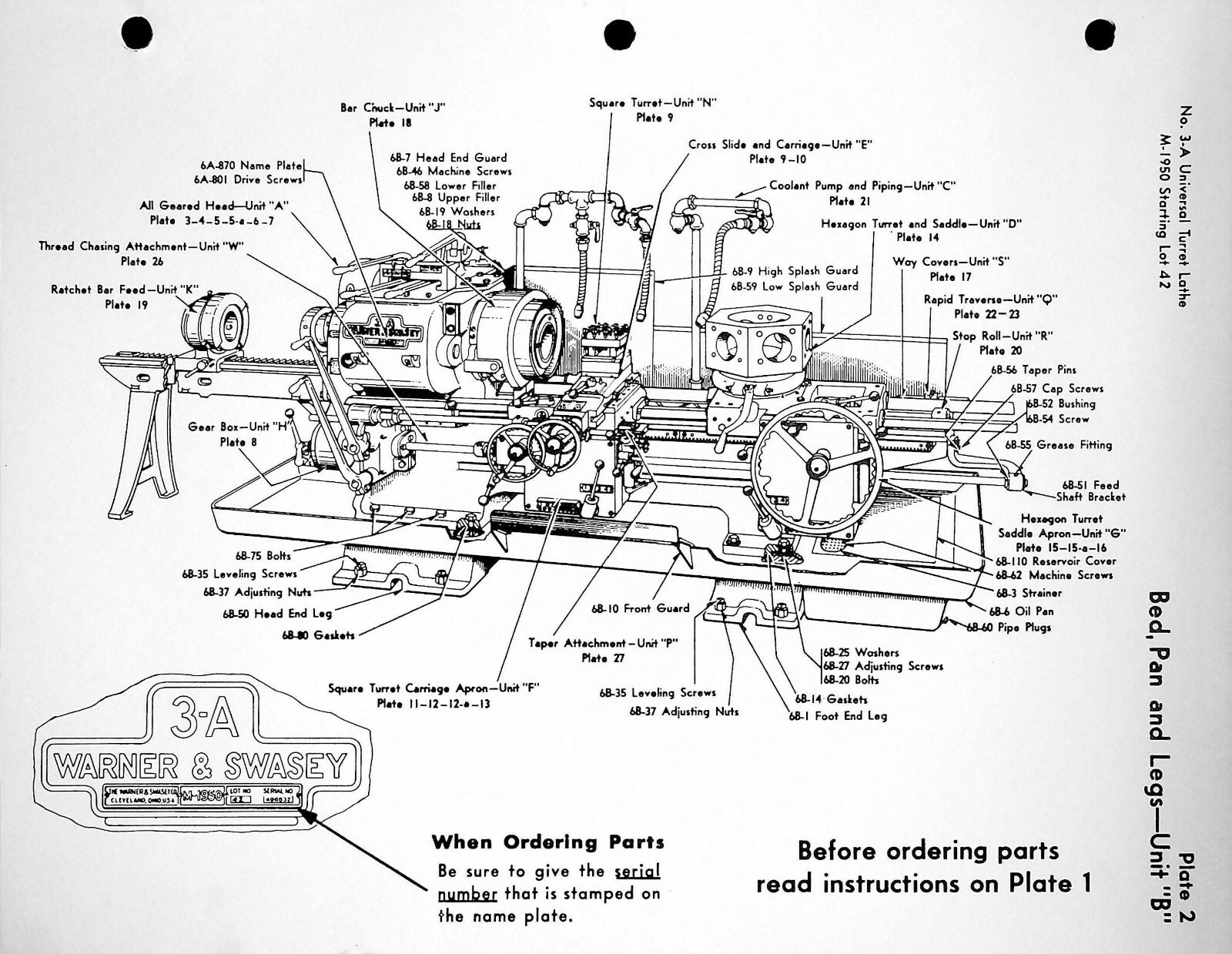 3 Turret Lathe Parts Manual Fits Warner & Swasey No. 3-A, Model M-1950 SW18