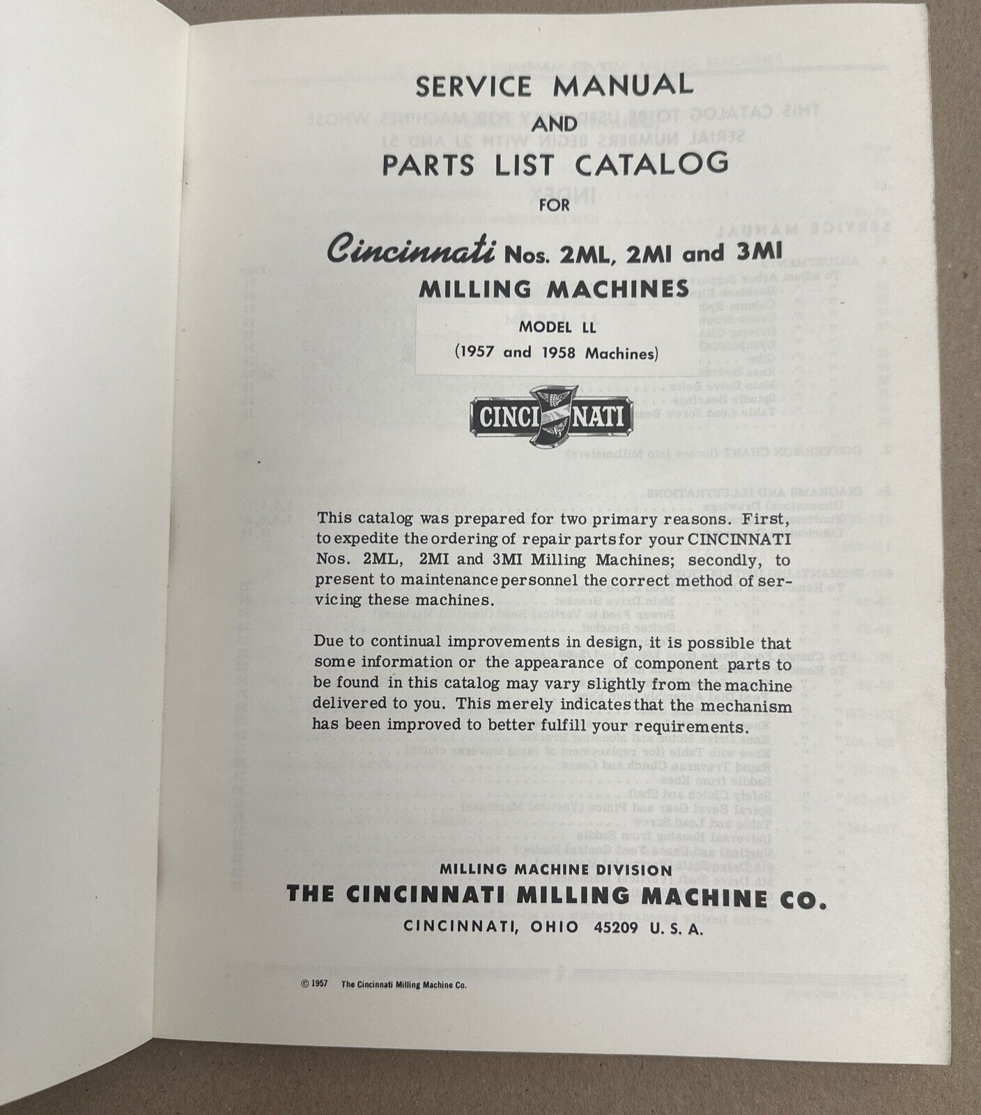 Cincinnati Milling Machines Service Manual & Parts List Catalog 2ML, 2MI & 3MI