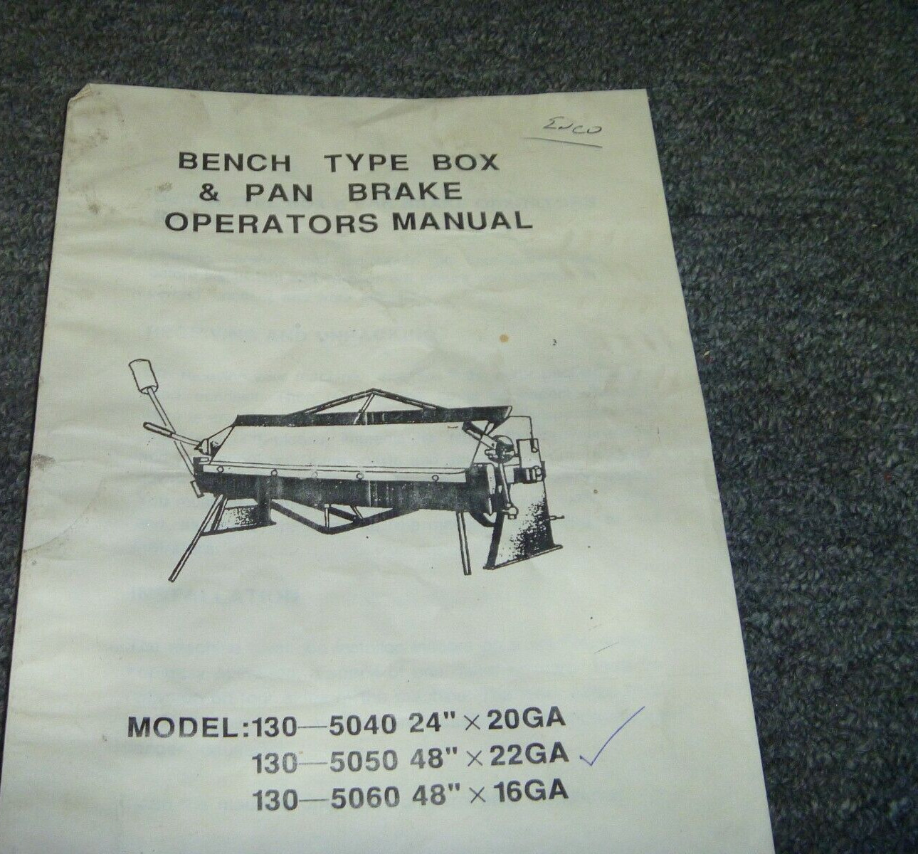 Enco 130-5050 48″x22GA Bench Type Box & Pan Brake Owner Operator Manual