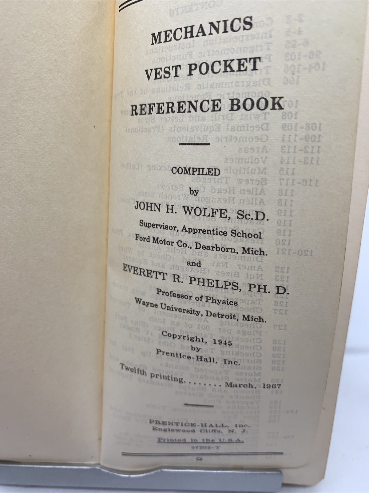 1967 Wolfe & Phelps Genuine MECHANICS VEST POCKET REFERENCE BOOK Green Free Ship