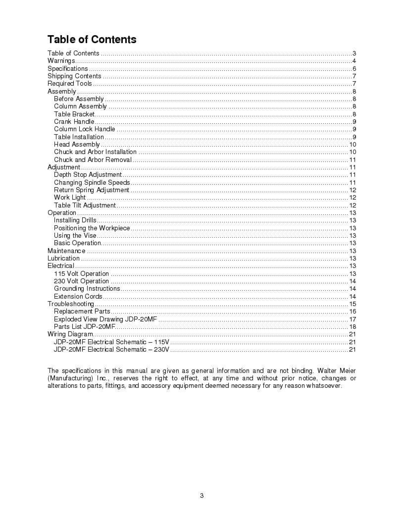 Jet JDP-20MF Drill Press Operator & Parts List Manual *233