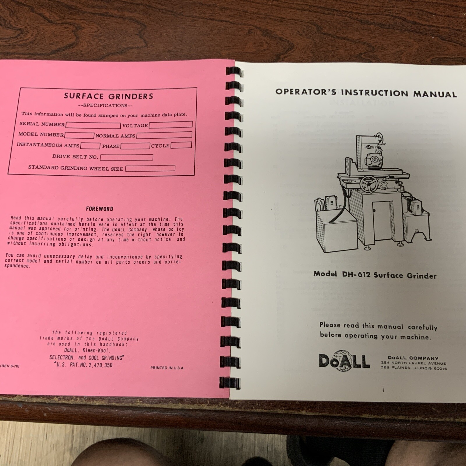 DoAll Surface Grinder Model DH-612 Parts Manual