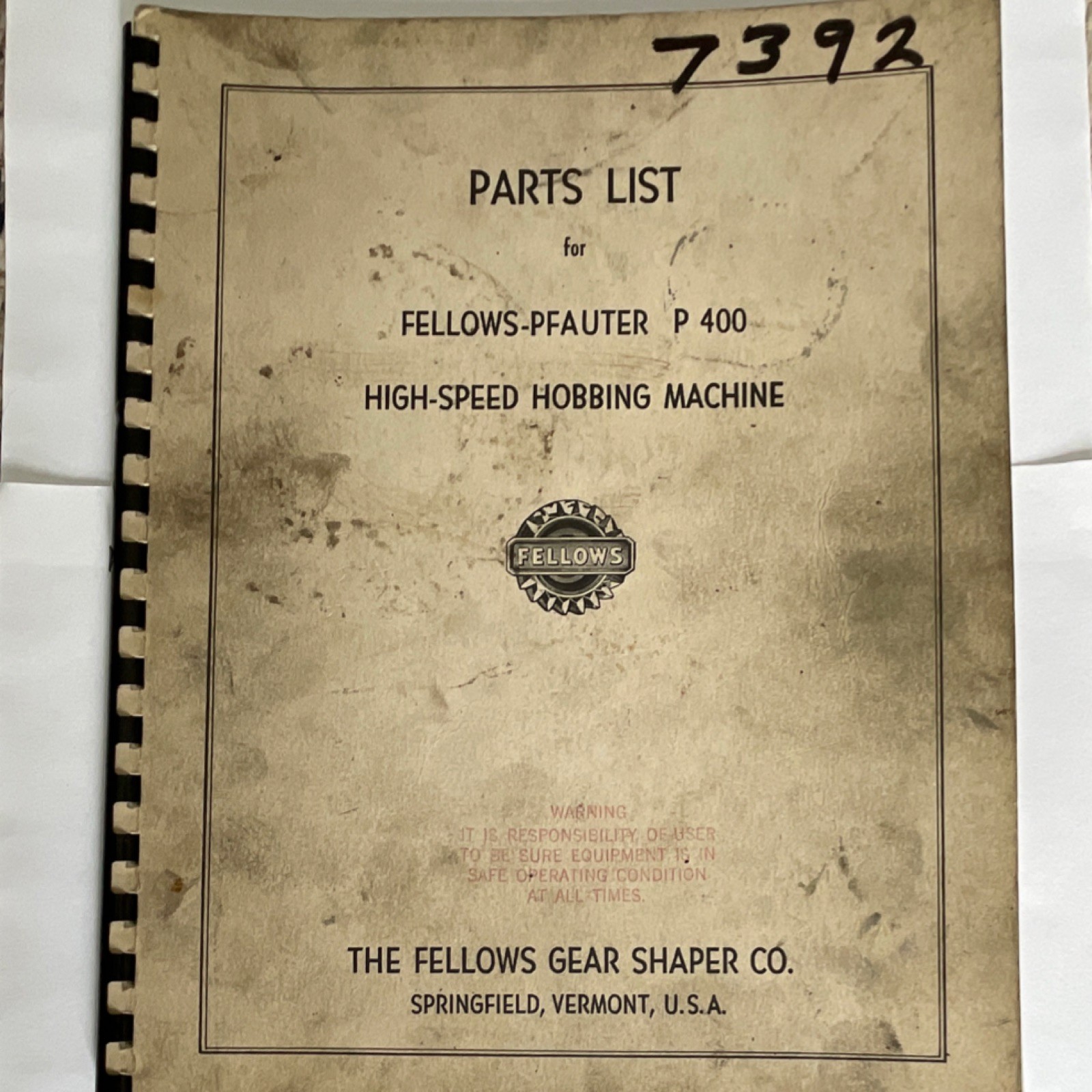 Fellows P 400 Hobbing Machine Manual Parts List 4077