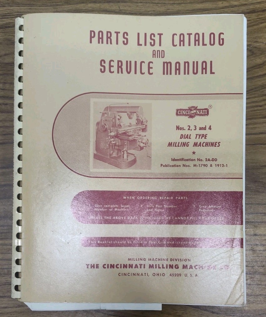 Cincinnati Model No. 2-3-4 Dial Type Milling Machines Service Manual Parts List