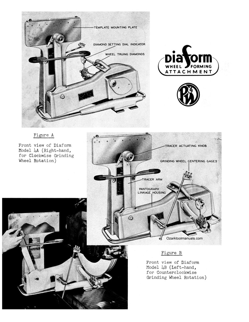 Pratt & Whitney Diaform Wheel Dresser Forming Attachment AT,BT,4A 4B Manual 1307