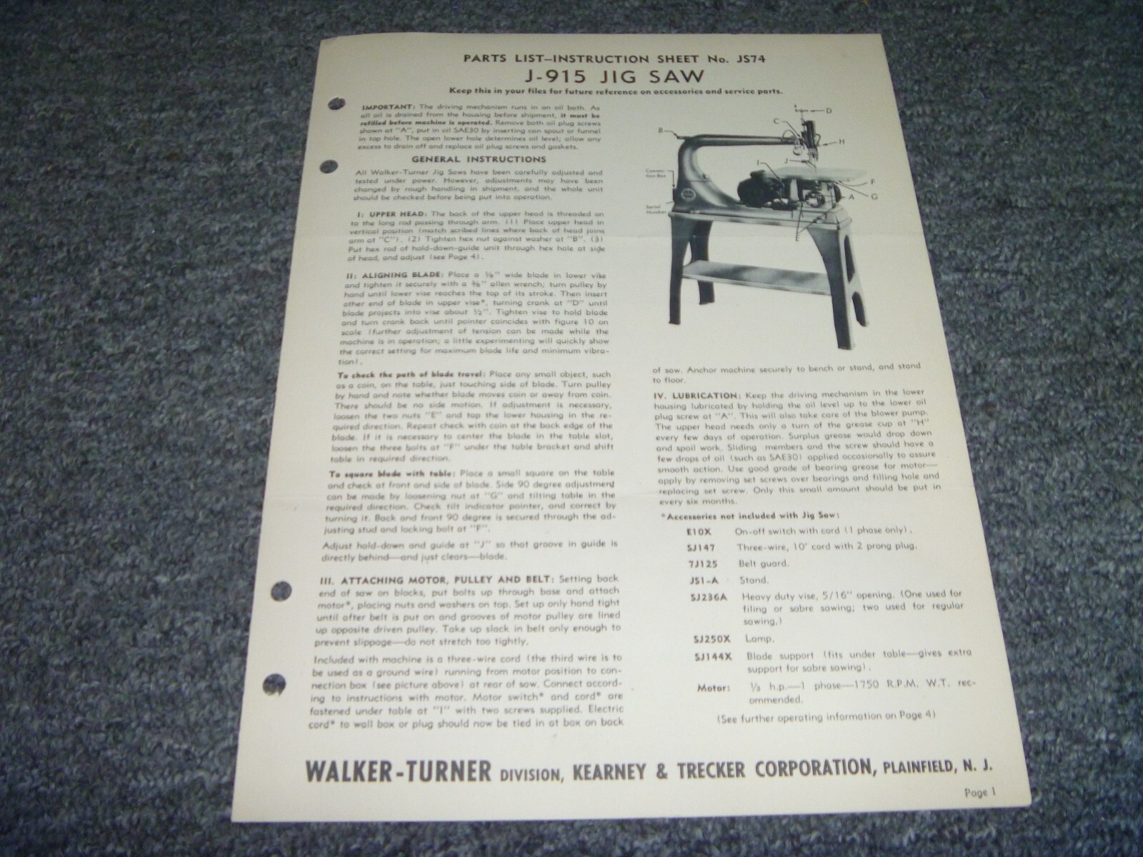 Walker Turner J-915 Jig Saw Parts Catalog & Owner Operator Manual User Guide J57