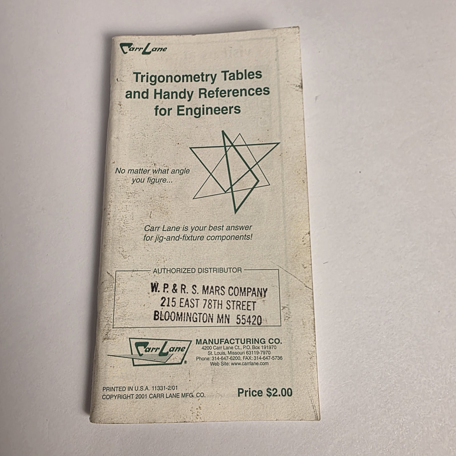 Carr Lane Trigonometry Tables Handy Reference Data for Engineers Vintage 2001