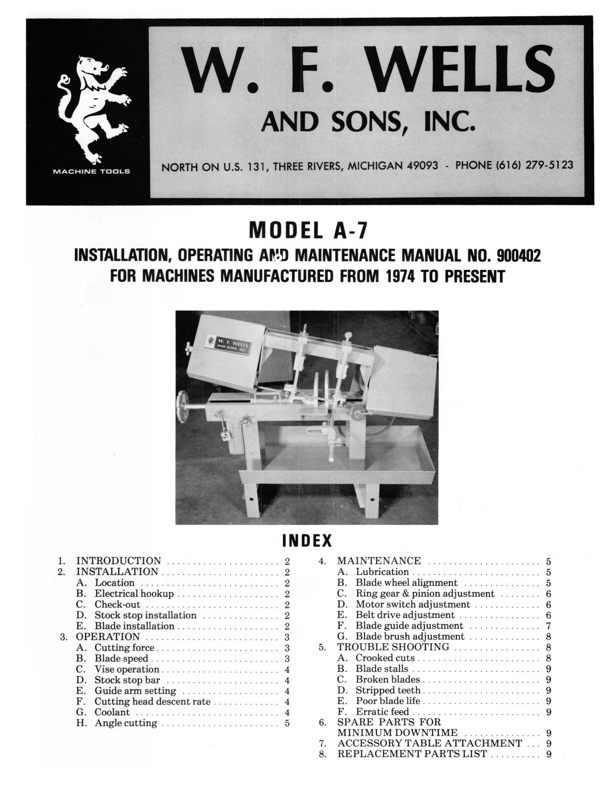 W.F. Wells Horizontal Band Saw Model A-7 Operation & Maintenance Manual #525