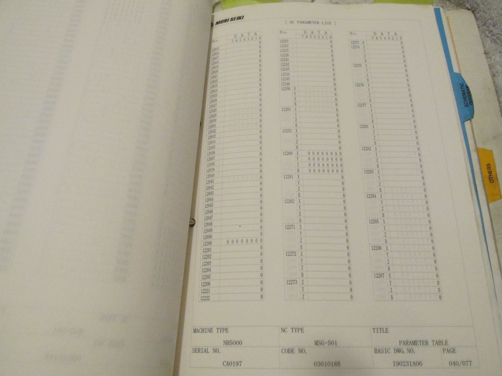 Mori Seiki NH5000 CNC Machining Center Parameter Table Diagrams Manual BINDER