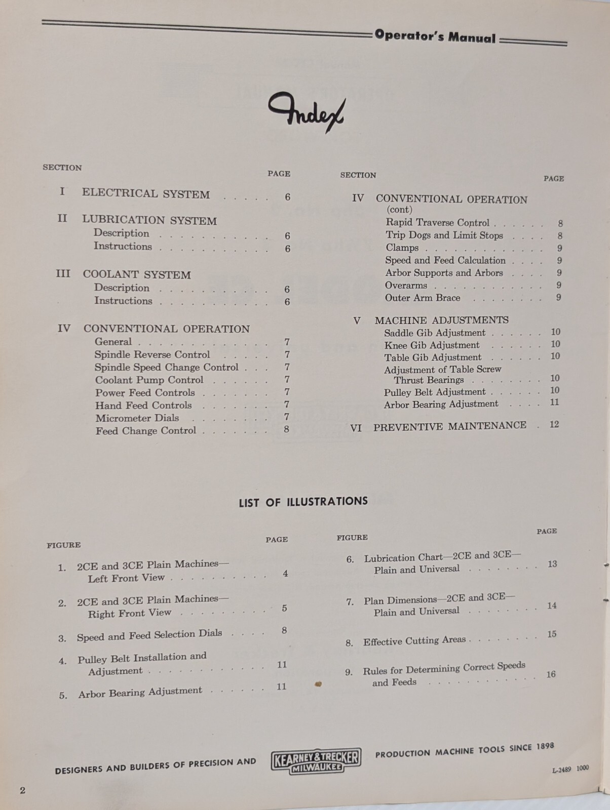 Kearney & Trecker CEC-37 Model CE Plain & Univ. Milling Machine Operators Manual