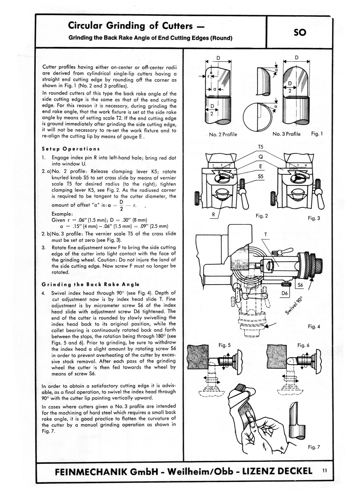 Deckel Single Lip Cutter Grinder SO Operating Instruction Manual #1590