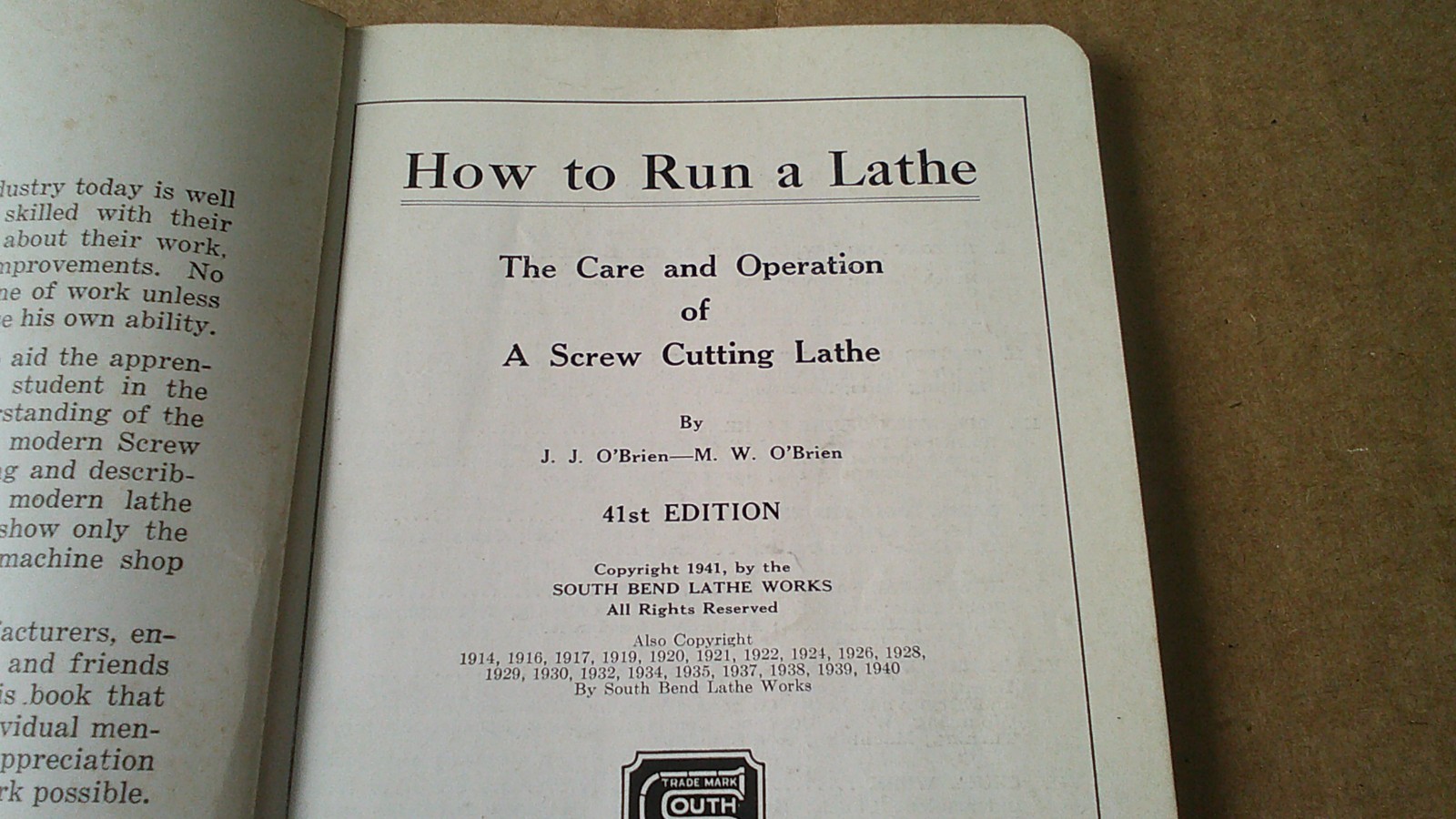 1941 How to Run a Screw Cutting Lathe Care and Operation 41st Edition South Bend