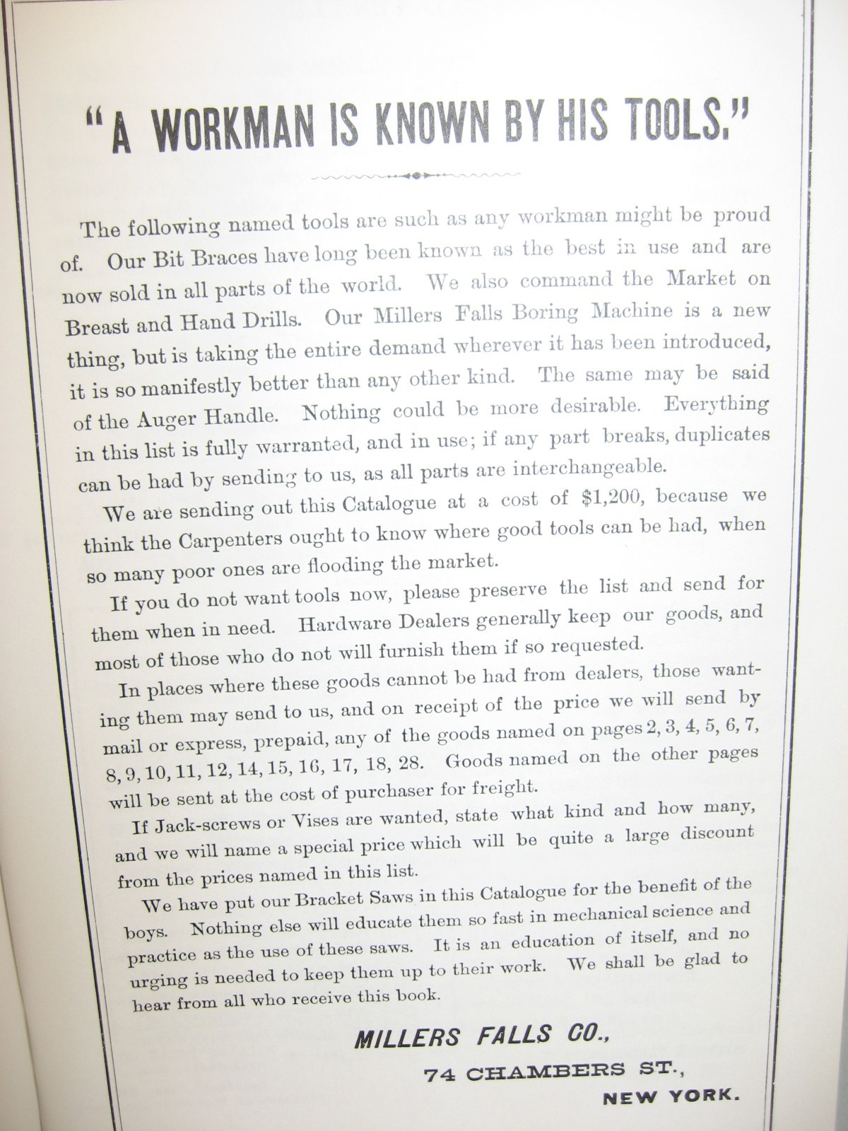 Millers Falls Co.- Mass & New York – 1991 REPRINT: 1887 Tool Catalogue