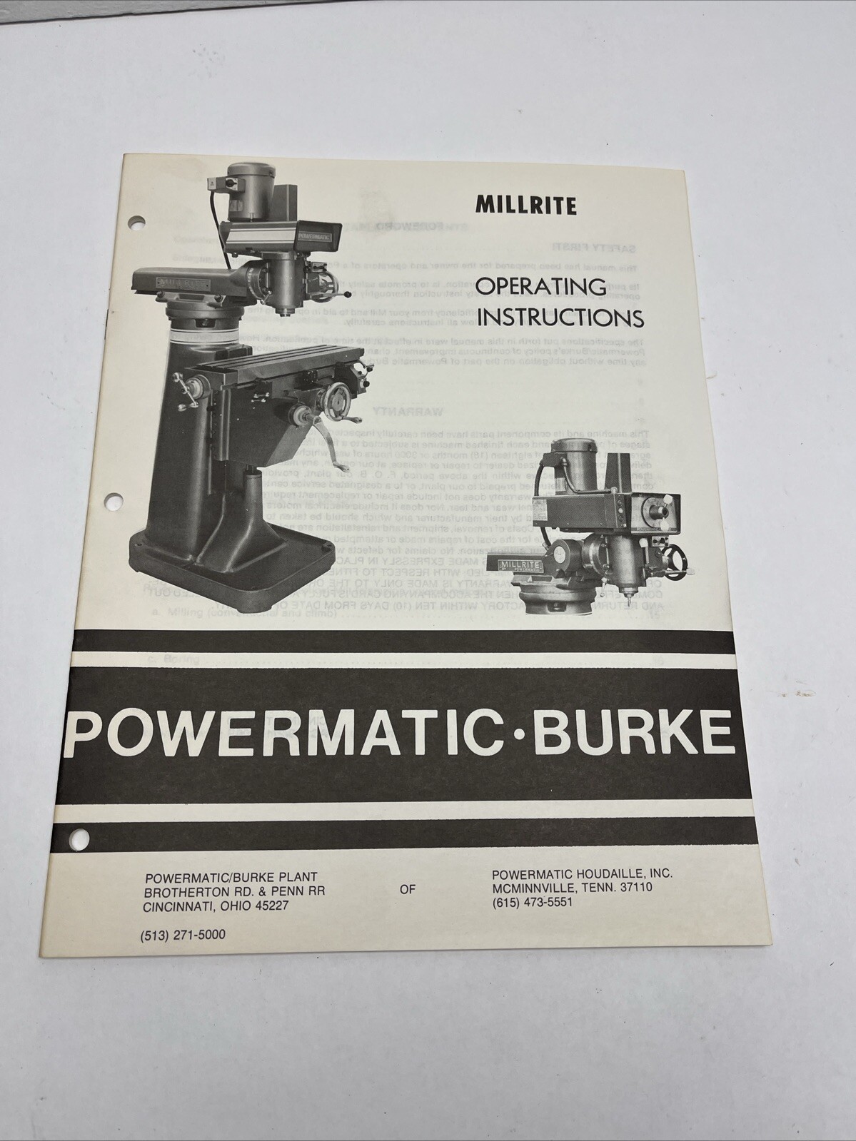 Millrite POWERMATIC Vertical Milling Machine Owner Operator’s Manual