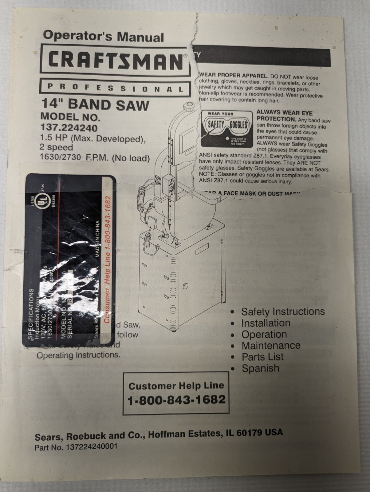 CRAFTSMAN 137224204 14″ Band Saw Owner’s Instructions Operators Manual Complete