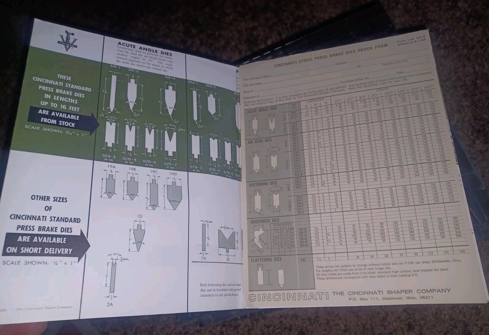 1964 Cincinnati standard press brake dies bulletin D-6 W Order Form Price List