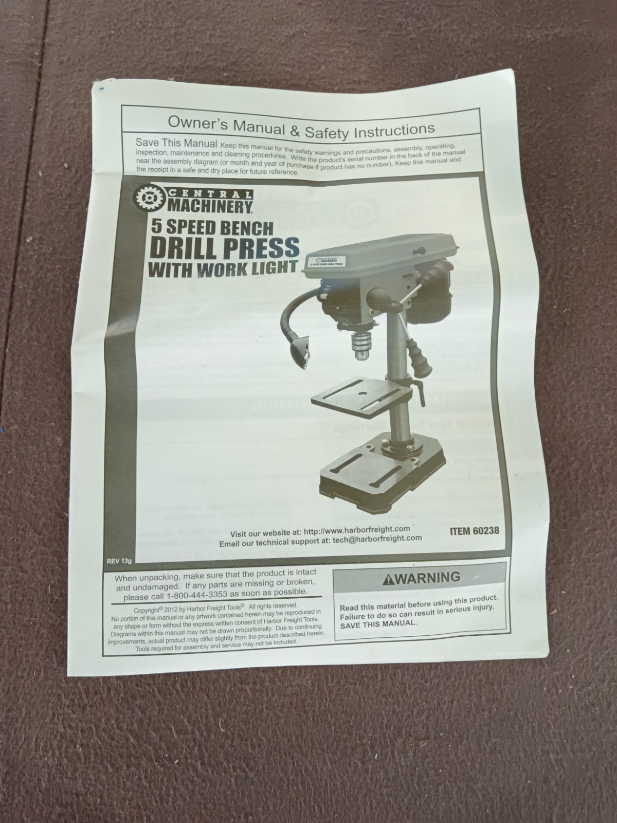 Owners Manual Central Machinery 5-speed Bench Drill Press Item 60238
