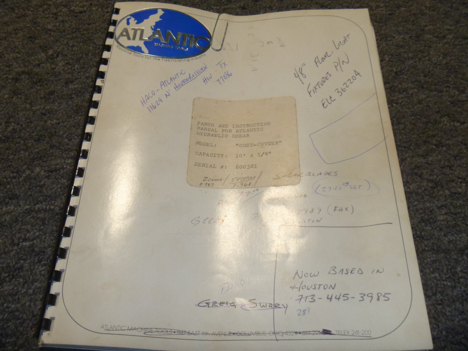 Atlantic Model COST-CUTTER Hydraulic Shear Parts Catalog & Operator Manual xz