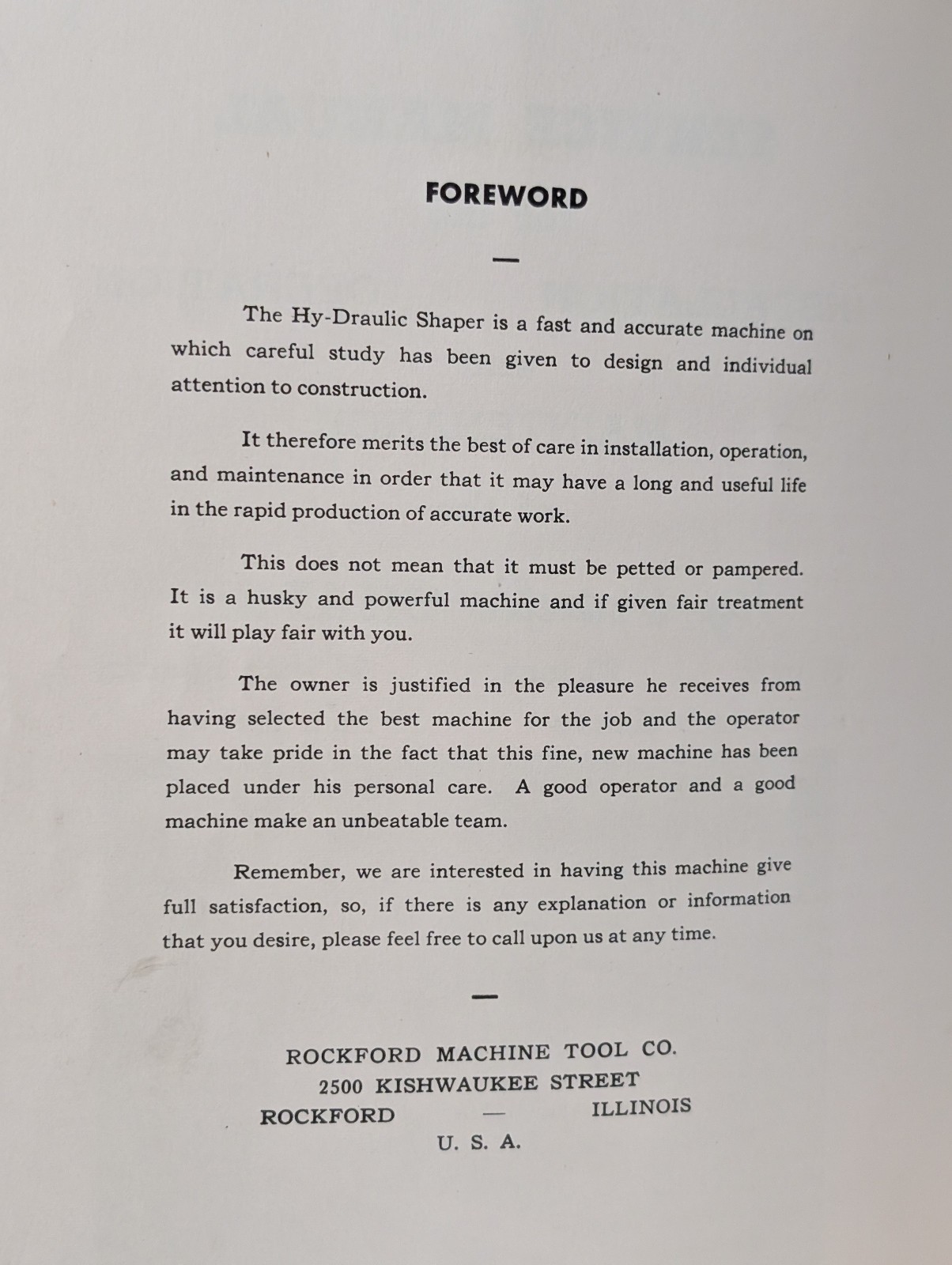 Rockford Machine Tool Co. 16″ 20″ 24″ 28″ Hydraulic Shaper Service Manual
