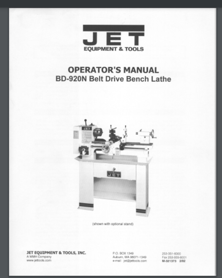 Jet BD-920N Belt Drive Bench Lathe Owners Manual Comb Bound Gloss cover 44 page